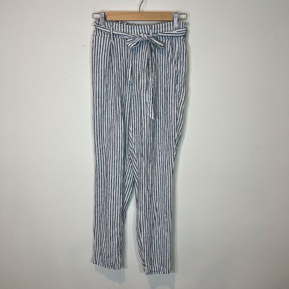 ANTI BLUE Pants S Linen Blend Striped Cropped Blue White Pullon Size Small - Picture 5 of 8